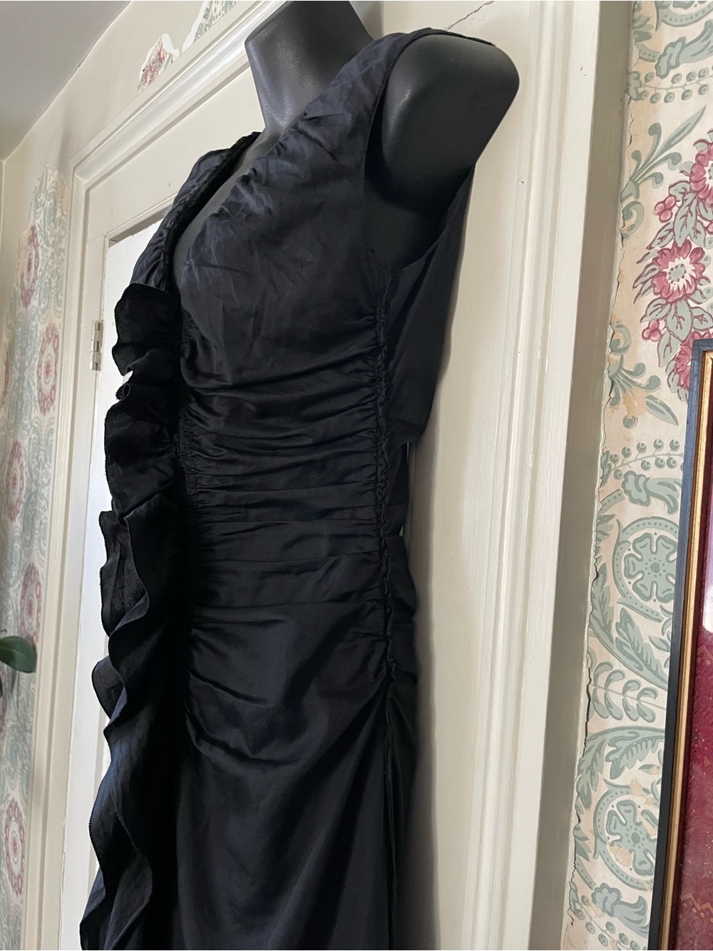 PRADA Black Ruched Ruffle Front V-neck Dress - Picture 5 of 11